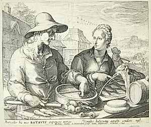 En bonde og bondekone ved en markedsbod by Jan Saenredam
