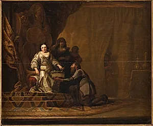 En bonde rækker en frugtkurv til en kvinde på en trone by Ubekendt