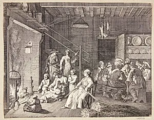 En bondefamilie samlet om bordet og foran pejsen by Claudine Bouzonnet Stella
