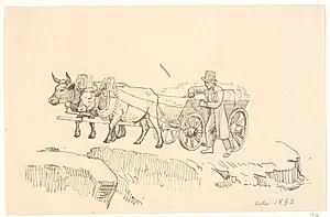 En bondemand gående ved siden af sit studekøretøj by P.C. Skovgaard