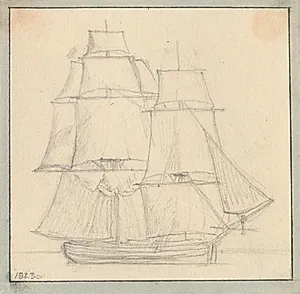 En brig med læsejl på stortoppen by C.W. Eckersberg