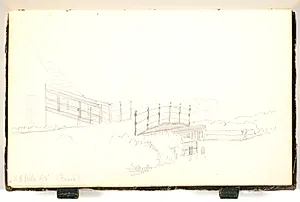 En bro, der fører over en å. Fra broen går et gangbræt over til et hus by P.C. Skovgaard