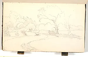 En bugtet vej med træer, i baggrunden et skovbryn by P.C. Skovgaard