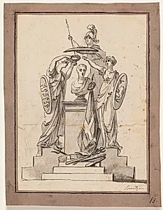 En buste (Fr. VI?) bekranses af tre kvinder med våbenskjolde by C.A. Lorentzen