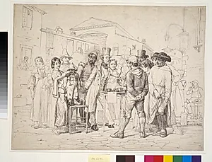 En charlatan sælger blanksværte, Rom by Wilhelm Marstrand