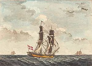 En dansk brig seilende nesten for vinden by Niels Truslew