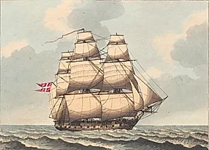 En dansk fregat, at see i læ, med sidevind by Niels Truslew