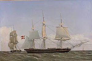 En dansk korvet, som ligger bi for at tale med en dansk orlogsbrig. Scenen er tænkt at foregå i Vestindien by C.W. Eckersberg