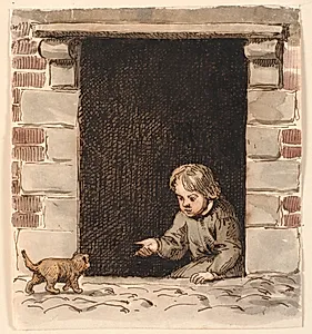 En dreng, der sidder i en kælderdør, lokker for en hundehvalp. by P.C. Skovgaard