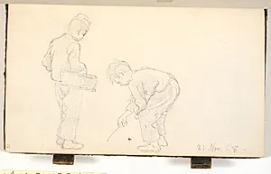 En dreng med kurv på armen og en dreng , der bøjer sig og kradser med en pind i jorden by P.C. Skovgaard