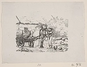 En dreng pynter en hest seletøj med grønne grene by H.C. Henneberg