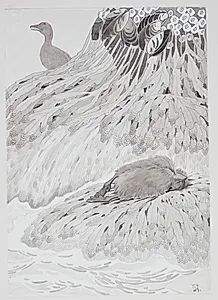 En edderfugl og en død fugl på en strandbred by Thorolf Holmboe