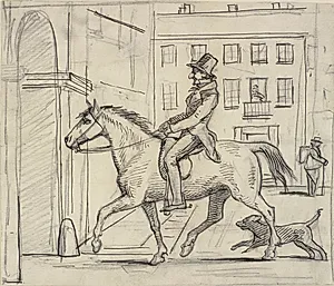 En elsker rider med et selvtilfreds smil forbi sin donnas vinduer by Wilhelm Marstrand