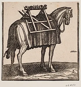 En endnu ubelæsset pakhest med bærestativ på ryggen, set skråt bagfra mod h. by Melchior Lorck