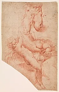 En engel eller putto, en liggende rygvendt kvinde og underkroppen af en muskuløs mand by Giulio Cesare Procaccini