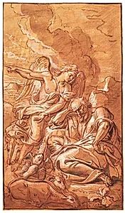 En engel kommer til en sovende eller grublende mand, der omgivet af får, kvæg og duer, sidder i et øde landskab. Englen vækker Elias i ørkenen by Michel Corneille (I)
