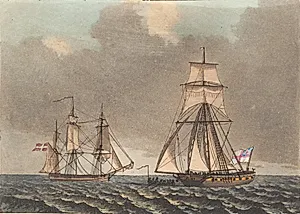 En engelsk kaper visiterende et dansk skib som braser op by Niels Truslew
