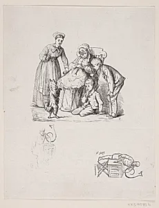 En Familie morer sig over en Hund, der går på Bagbenene by F. Hendriksen