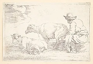 En fårehyrde malker sine får by Jan Miel