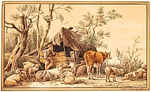 En fårehyrde med sin hjord ved et skur