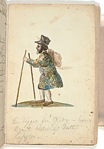 En gående mand i en meget spraglet frakke, med en bylt på ryggen. Han har en stok i hver hånd. by P.C. Skovgaard