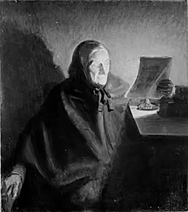 En gammel kone, der læser et brev. Ane hedvig Brøndum, kunstnerens svigermoder