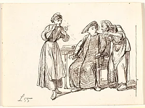 En gammel kvinde taler med en pater, t.v. ung kvinde by Wilhelm Marstrand