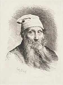 En gammel mand med hue. Brystbillede by Carl Bloch