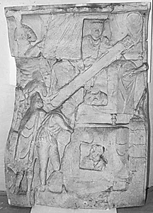 En gesandt i bærestol, nederst (Galenus?), den 14-årige Commodus (øverst), der modtog sin "Toga Virilis" i Marcus Aurelius' lejr år 175, i midten hans moder (ødelagt) Faustina by Ubekendt