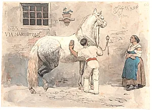 En gråskimlet hest strigles i Via Margutta by Johan Thomas Lundbye