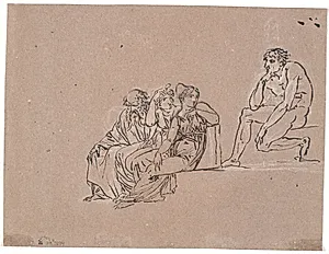 En gruppe bestående af en olding og to siddende kvinder, der vender sig om mod en højere oppe siddende mand by Nicolai Abildgaard