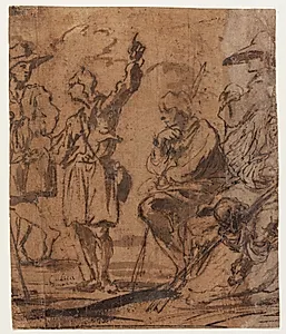 En gruppe hyrder, i deres midte en ung hyrde, der fortællende peger mod himlen. Josef imellem sine brødre? by Sigismondo Caula