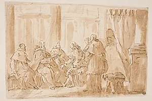 En gruppe med fem gejstlige, der taler med en lægmand by Giovanni Antonio Pellegrini