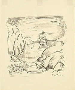 En havbugt med sejlskib og badende kvinder by Emile Othon Friesz