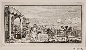 En haveterasse i Genthod med et spadserende par by J.F. Clemens