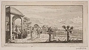 En haveterrasse i Genthod med et spadserende par by J.F. Clemens