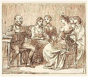 En herre læser højt for fem damer by Wilhelm Marstrand