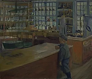 En høkerbutik i Flekkefjord by August Jacobsen