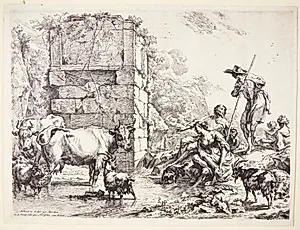 En hyrde vander sine dyr ved en tilgroet ruin by Nicolaes Berchem