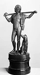 En hyrdedreng. Stående nøgen dreng med en stav over nakken og en hund ved sin side by H.W. Bissen