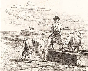 En hyrdedreng ved et vandingstrug. Illustrion til Chr. Winther "Femogtyve Billeder for små Børn" by Martinus Rørbye