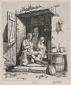 En italiensk musikant siddende i en åben dør by H.C. Henneberg