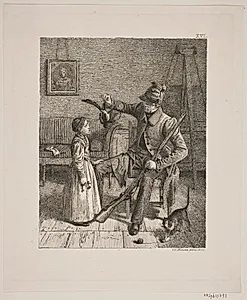 En jæger som viser en lille pige sit bytte by Constantin Hansen