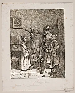En jæger som viser en lille pige sit bytte by Constantin Hansen