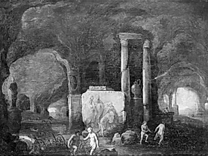 En klippegrotte med badende nymfer by Abraham van Cuylenborch