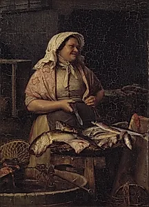 En kone, der sælger fisk