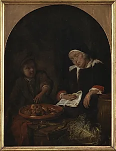 En kone, der sælger frugt og sild by Gabriël Metsu