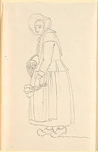 En kone med en kurv i den ene hånd og i den anden et bundt sleve by Nicolai Abildgaard