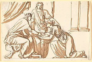En konge modtager en krans af en knælende kvinde by Nicolai Abildgaard