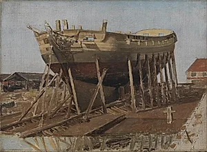 En korvet på stabelen. Nyholm med spanteloftbygningen i baggrunden by C.W. Eckersberg